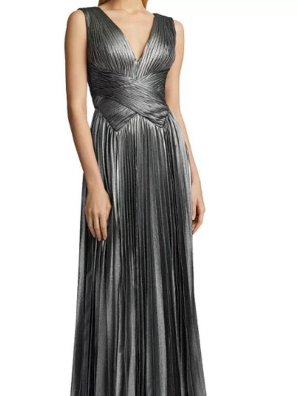 Zac Posen Metallic Silver Pleated V-Neck Maxi Gown